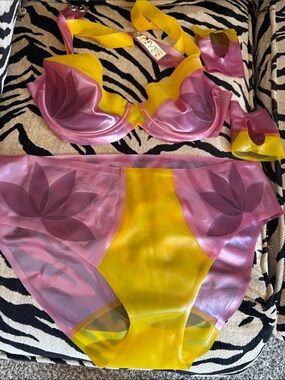 Pink and Yellow Floral Genuine Vintage Latex Bikini Set